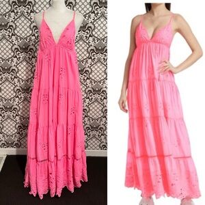 FARM RIO ✨ crochet eyelet lace neon umpire waist cotton tiered maxi dress